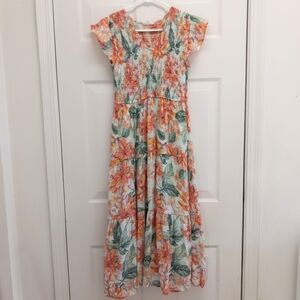 Floral Smocked Tiered Maxi Dress Large Flutter Sleeve Cottagecore Boho Prairie